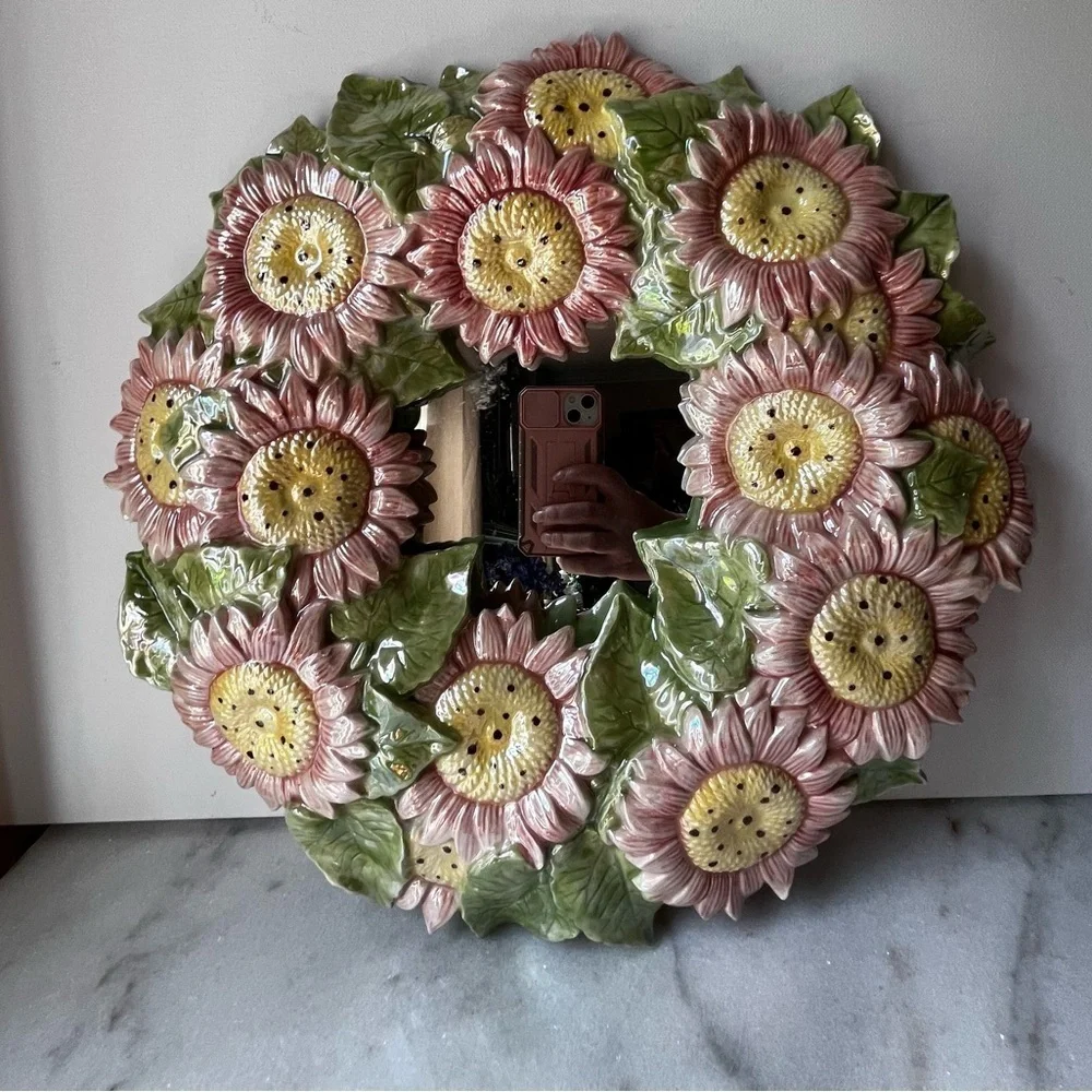 Floral Sunflower Wall Mirror - Pink and Green majolica ceramic artist mirror